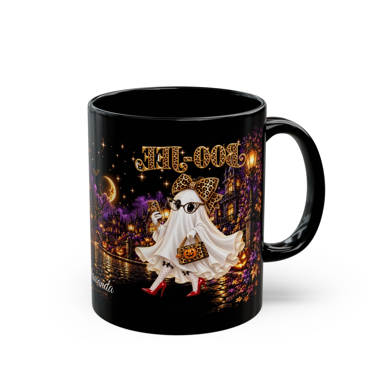 Halloween Ghost Mug — Cute Chic Ghost with Leopard Accessories, Nighttime Haunted Village Coffee Cup