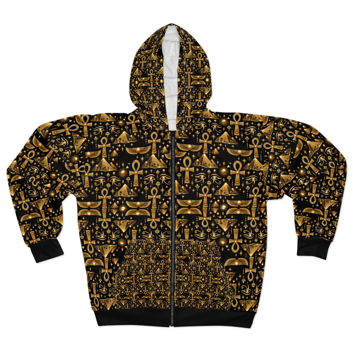 Ankh & Scarab Pattern Zip Hoodie — Egyptian Gold Symbol All-Over Print