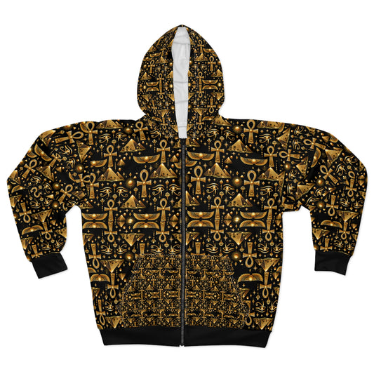 Ankh & Scarab Pattern Zip Hoodie — Egyptian Gold Symbol All-Over Print