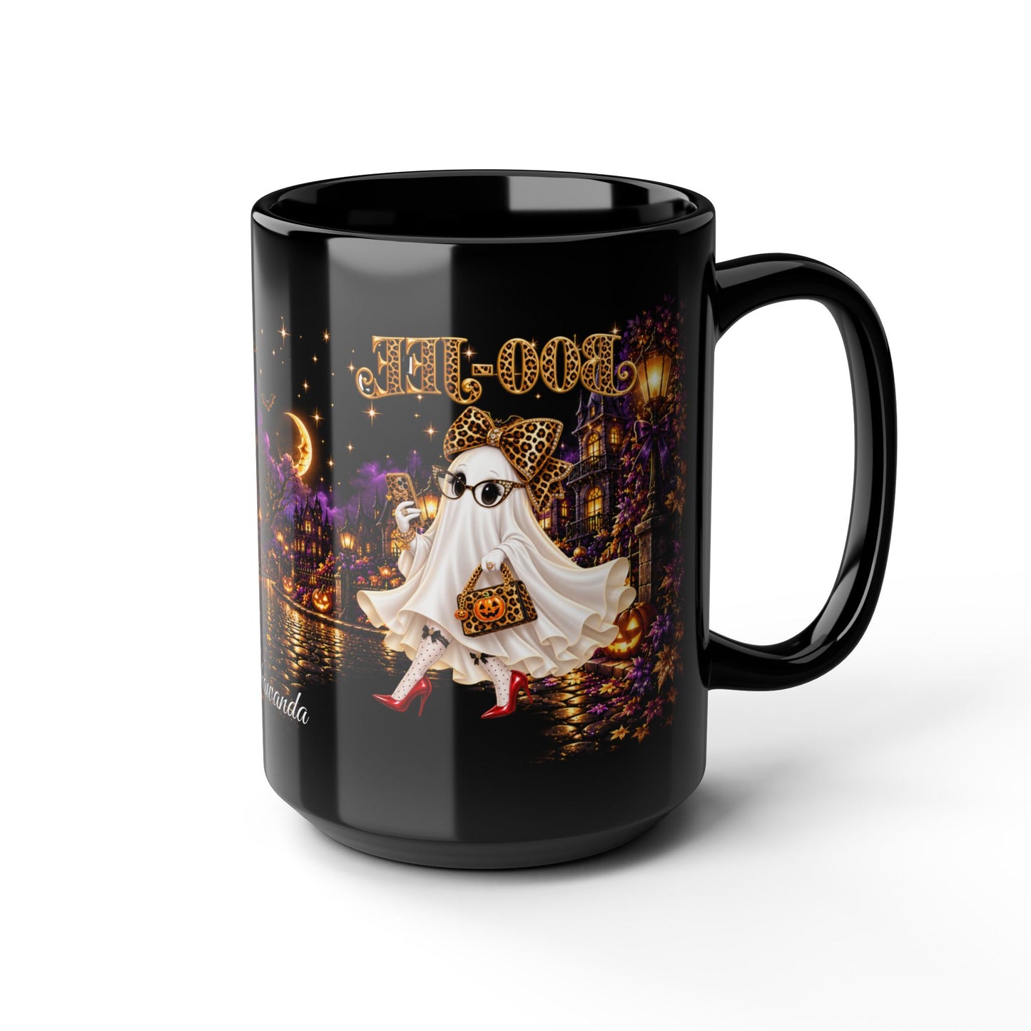Halloween Ghost Mug — Cute Chic Ghost with Leopard Accessories, Nighttime Haunted Village Coffee Cup