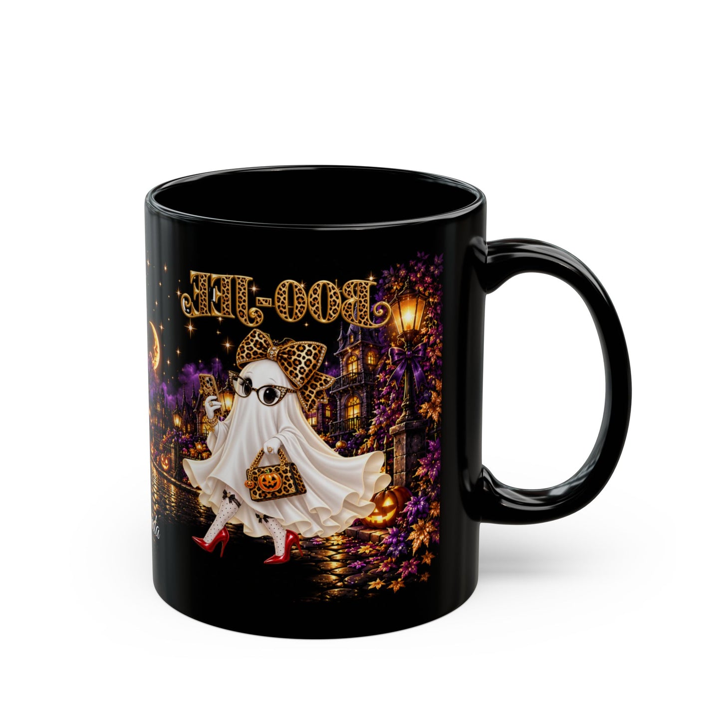 Halloween Ghost Mug — Cute Chic Ghost with Leopard Accessories, Nighttime Haunted Village Coffee Cup