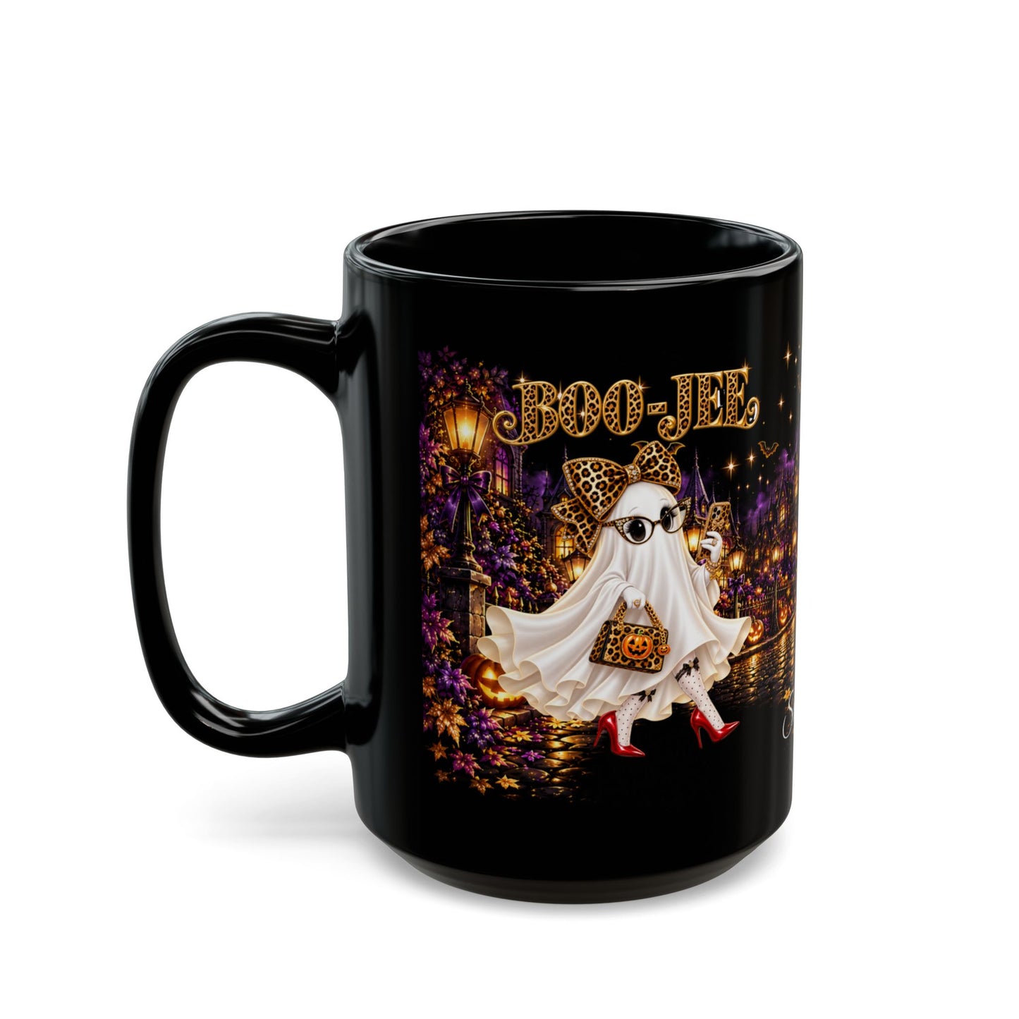 Halloween Ghost Mug — Cute Chic Ghost with Leopard Accessories, Nighttime Haunted Village Coffee Cup