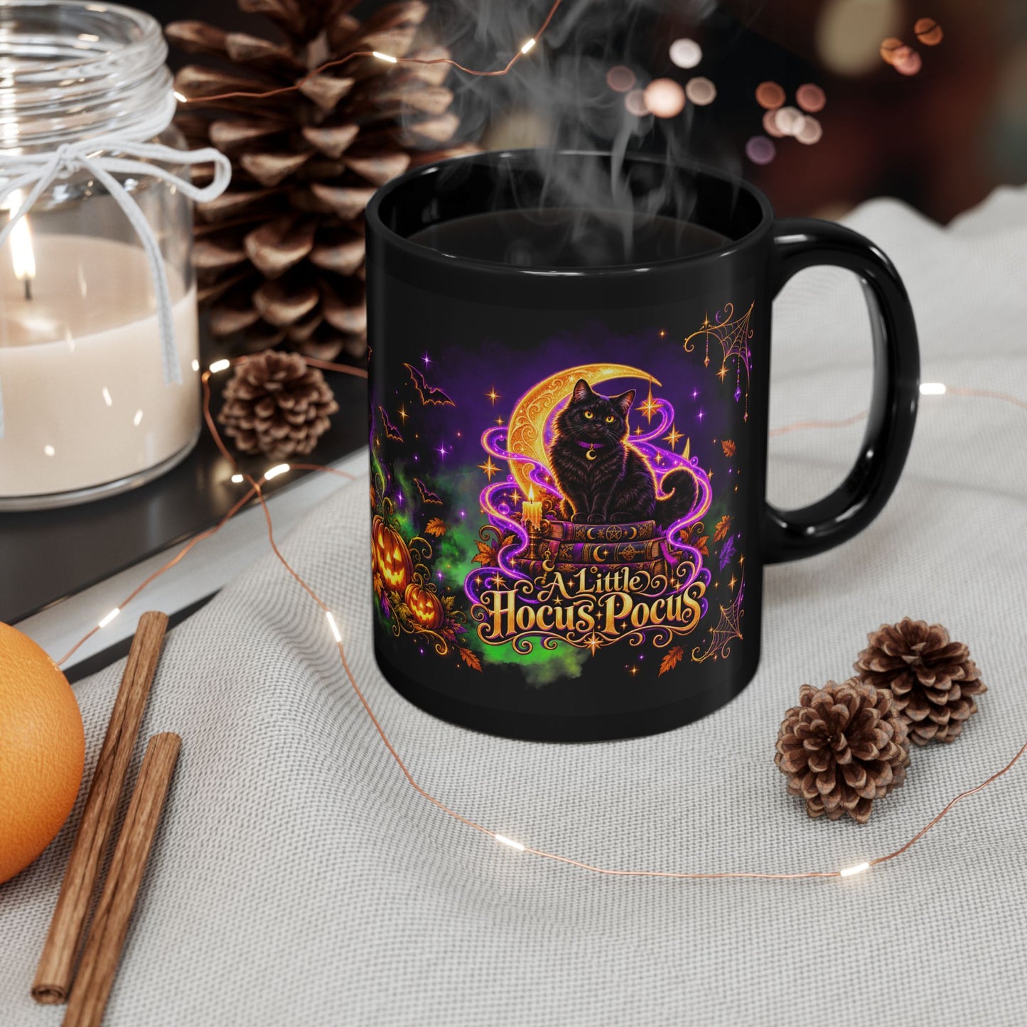 A Little Hocus Pocus Black Cat Mug — Halloween Witchy Coffee Cup (11oz/15oz)