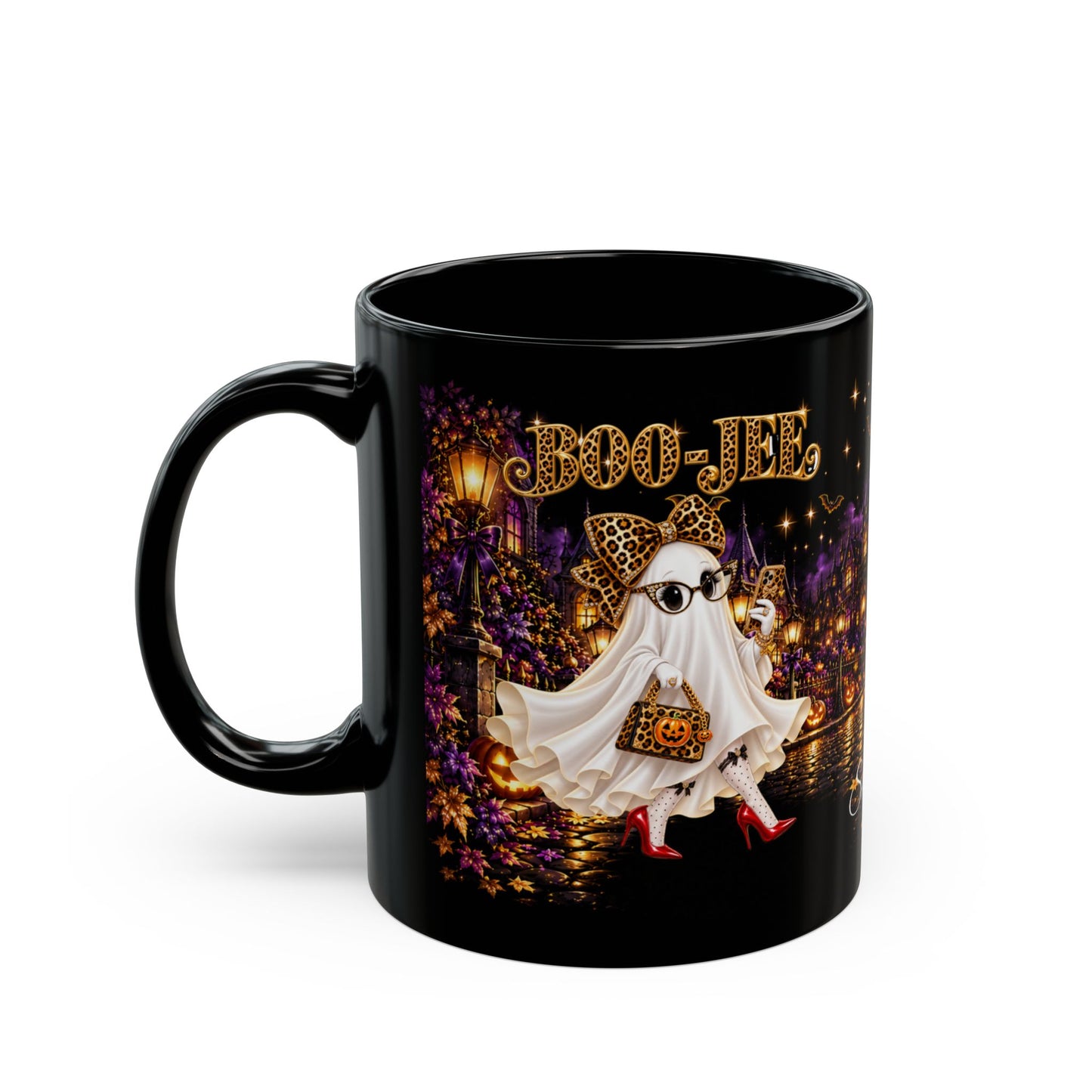 Halloween Ghost Mug — Cute Chic Ghost with Leopard Accessories, Nighttime Haunted Village Coffee Cup