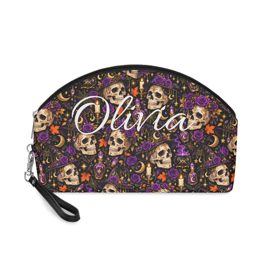 Personalized Skull & Roses Makeup Bag — Gothic Cosmetic Pouch with Name Option