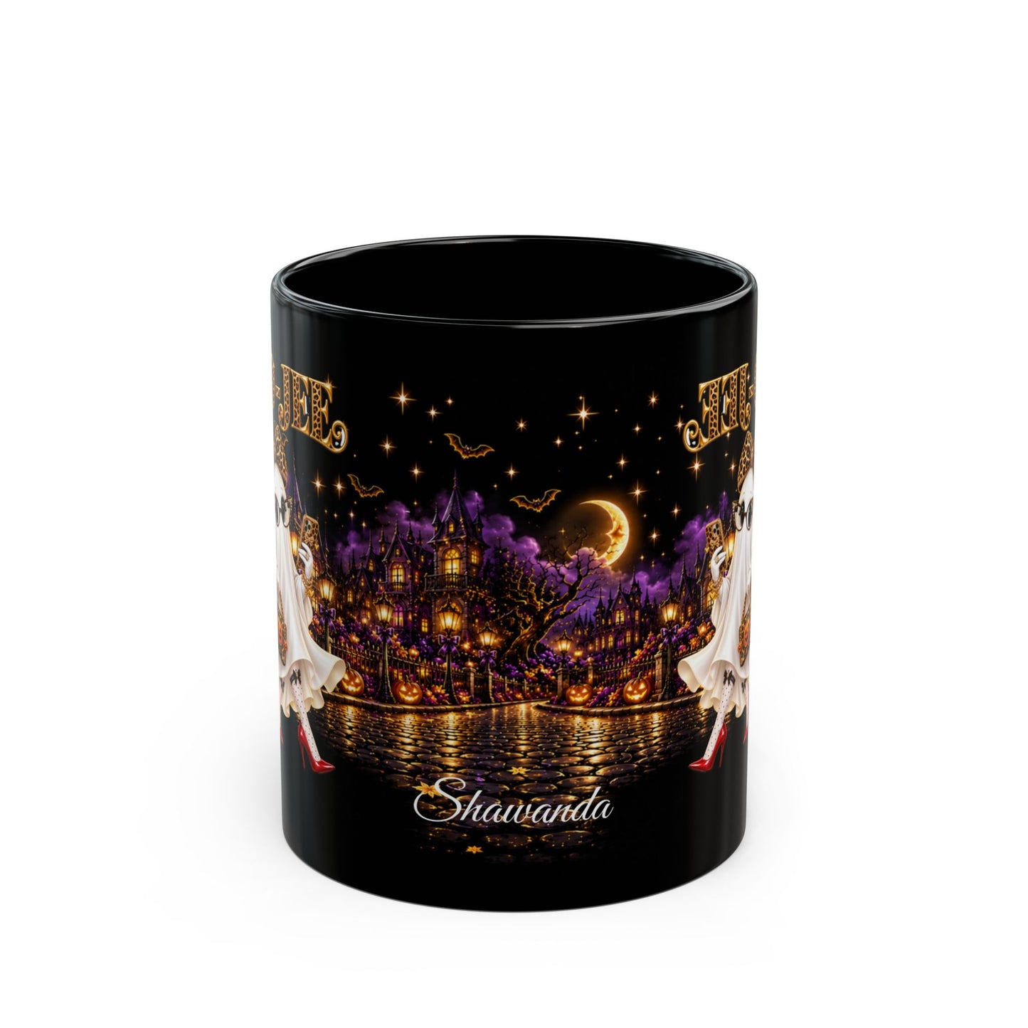 Halloween Ghost Mug — Cute Chic Ghost with Leopard Accessories, Nighttime Haunted Village Coffee Cup