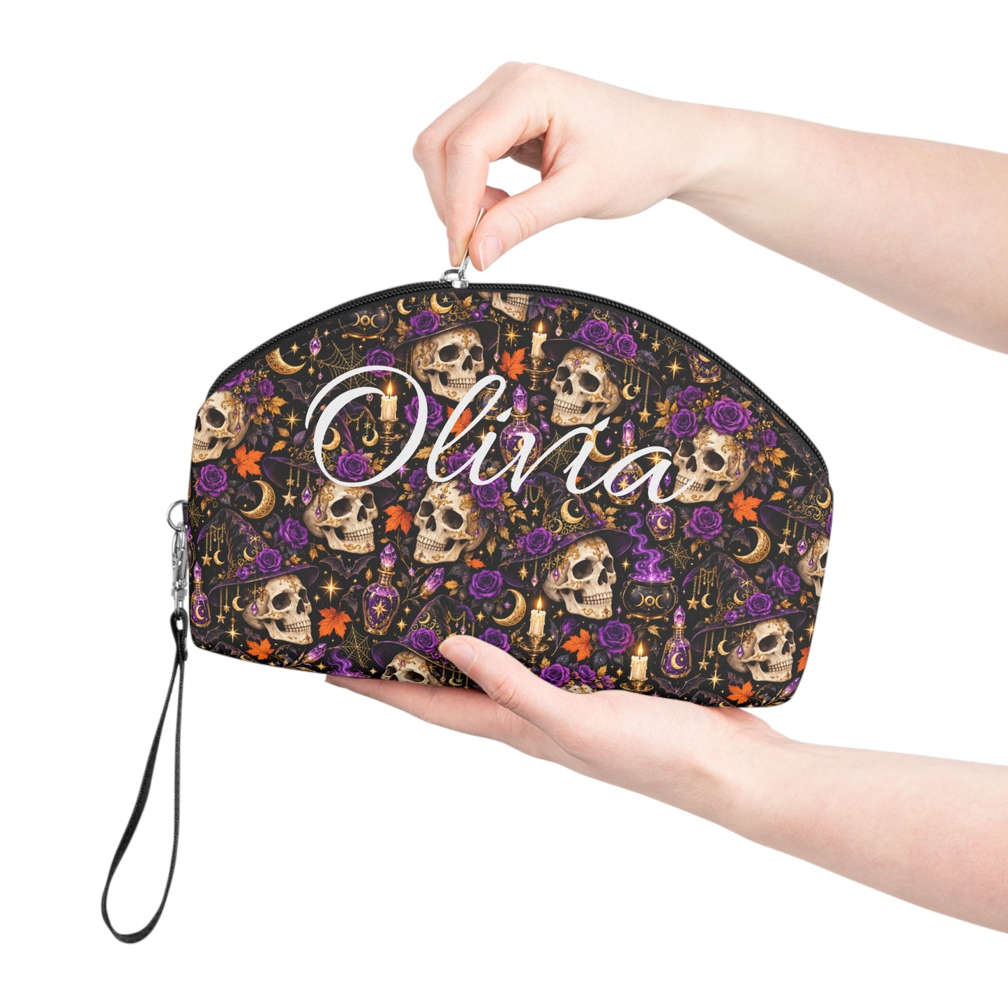 Personalized Skull & Roses Makeup Bag — Gothic Cosmetic Pouch with Name Option