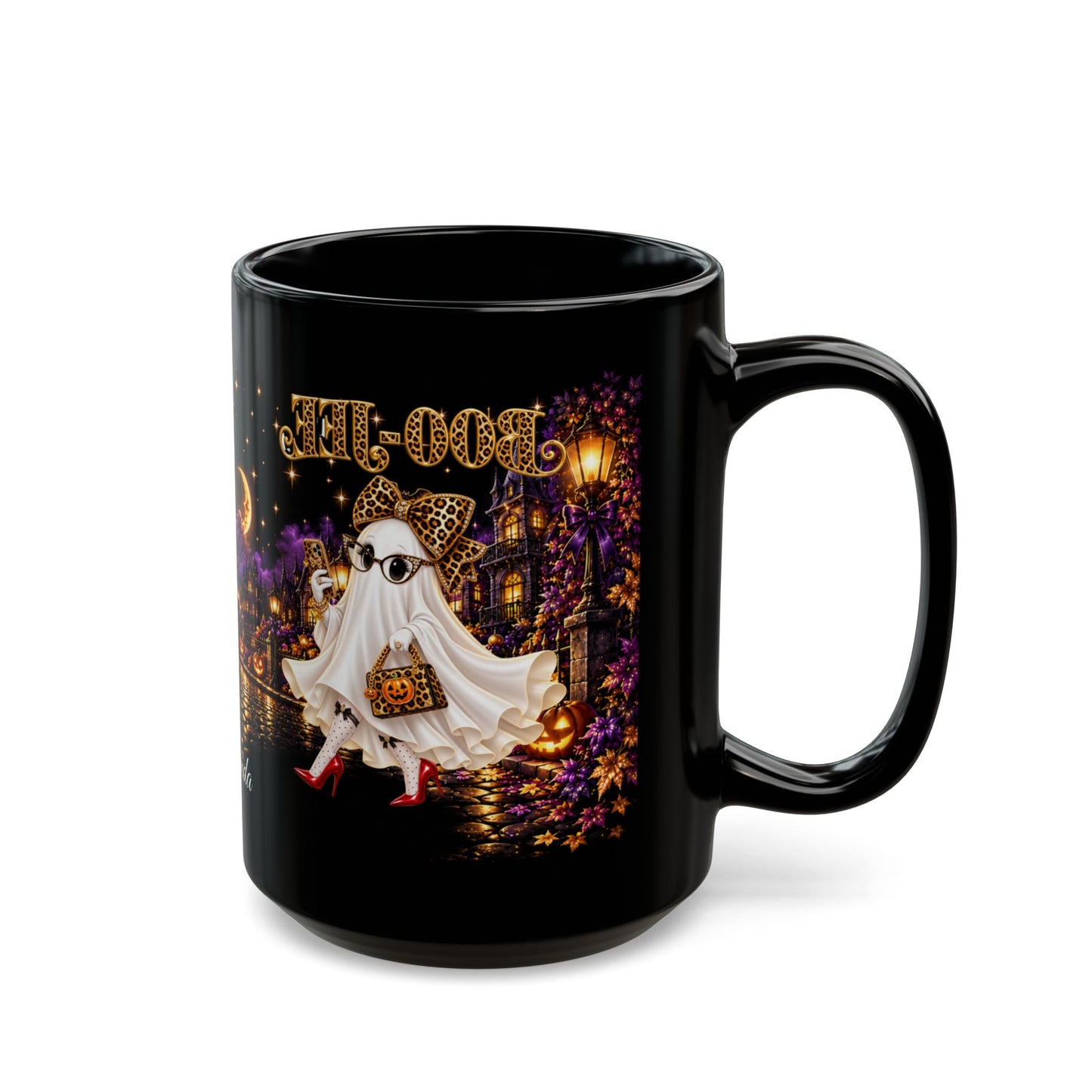 Halloween Ghost Mug — Cute Chic Ghost with Leopard Accessories, Nighttime Haunted Village Coffee Cup