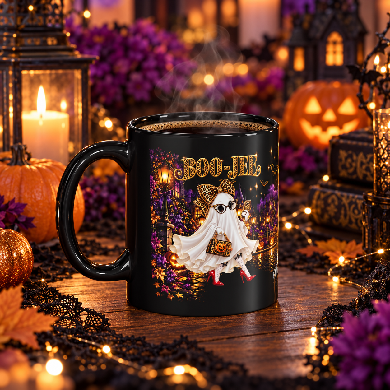 Halloween Ghost Mug — Cute Chic Ghost with Leopard Accessories, Nighttime Haunted Village Coffee Cup