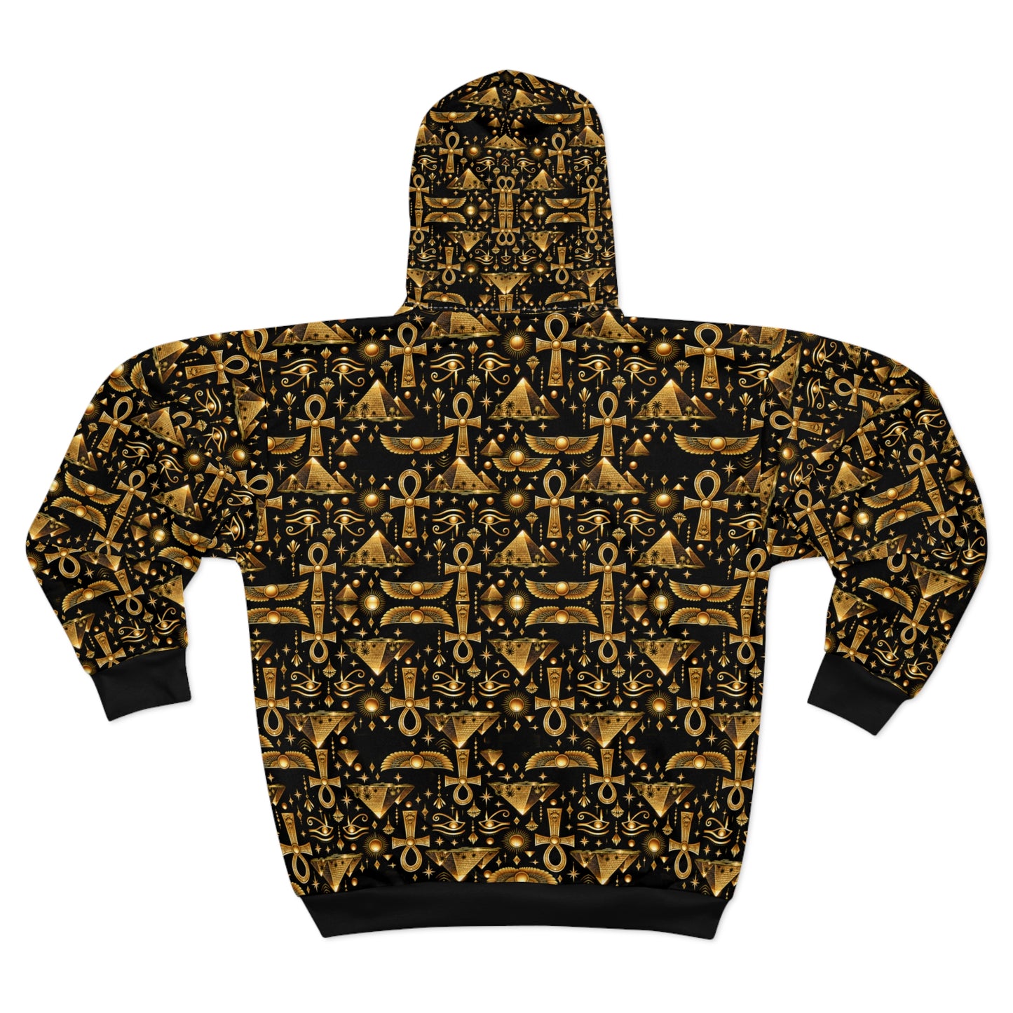 Ankh & Scarab Pattern Zip Hoodie — Egyptian Gold Symbol All-Over Print