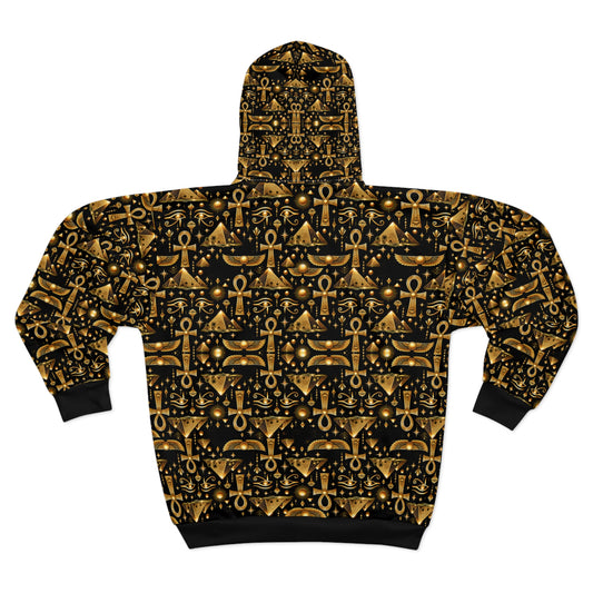 Ankh & Scarab Pattern Zip Hoodie — Egyptian Gold Symbol All-Over Print