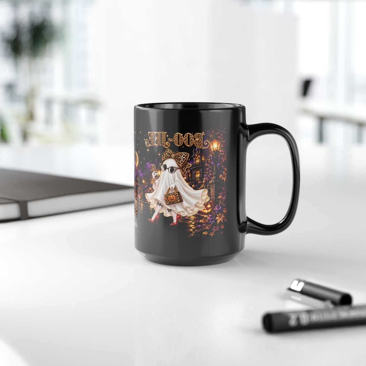 Halloween Ghost Mug — Cute Chic Ghost with Leopard Accessories, Nighttime Haunted Village Coffee Cup