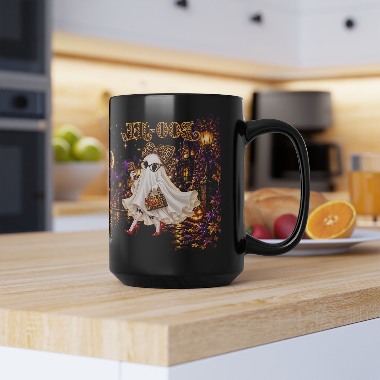 Halloween Ghost Mug — Cute Chic Ghost with Leopard Accessories, Nighttime Haunted Village Coffee Cup