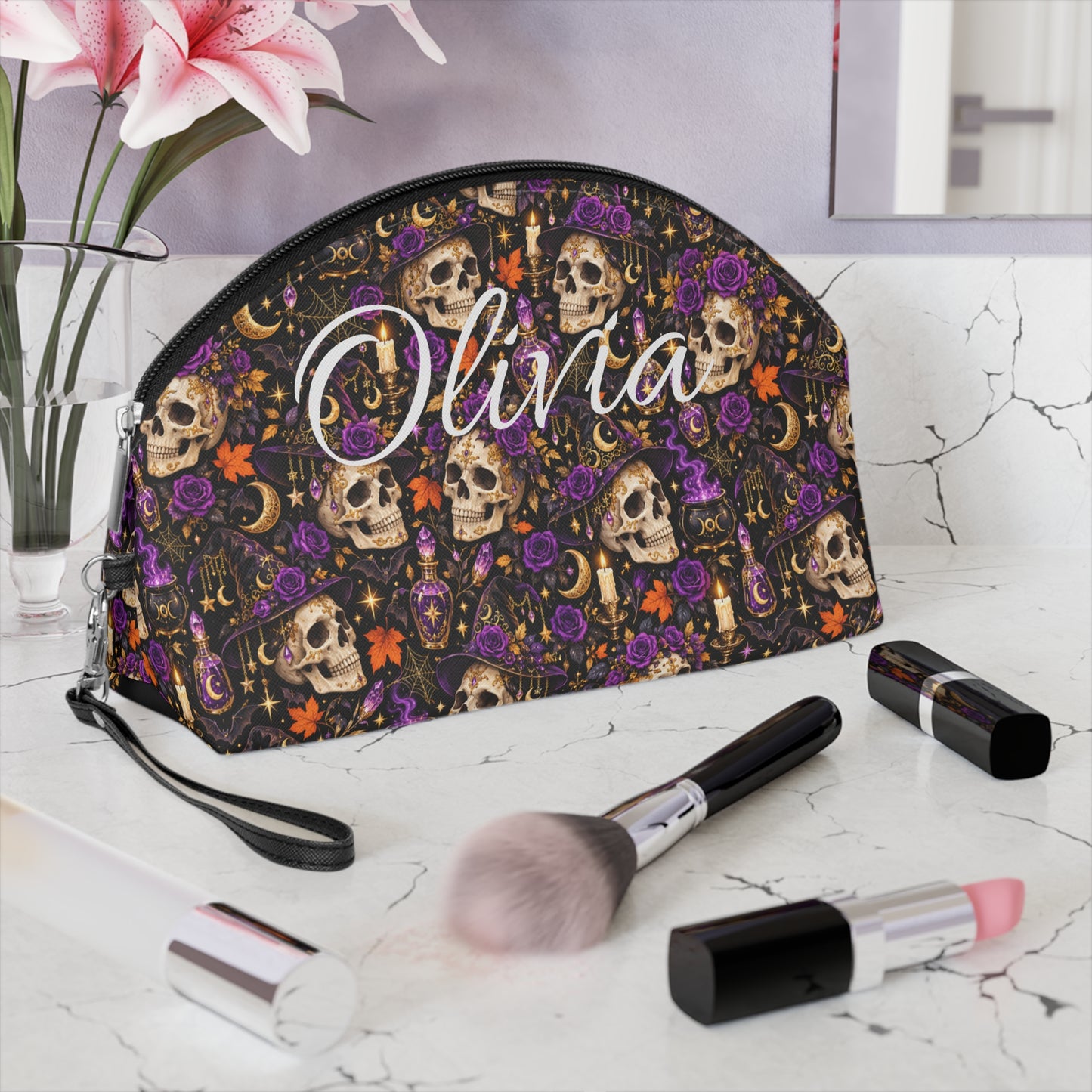 Personalized Skull & Roses Makeup Bag — Gothic Cosmetic Pouch with Name Option