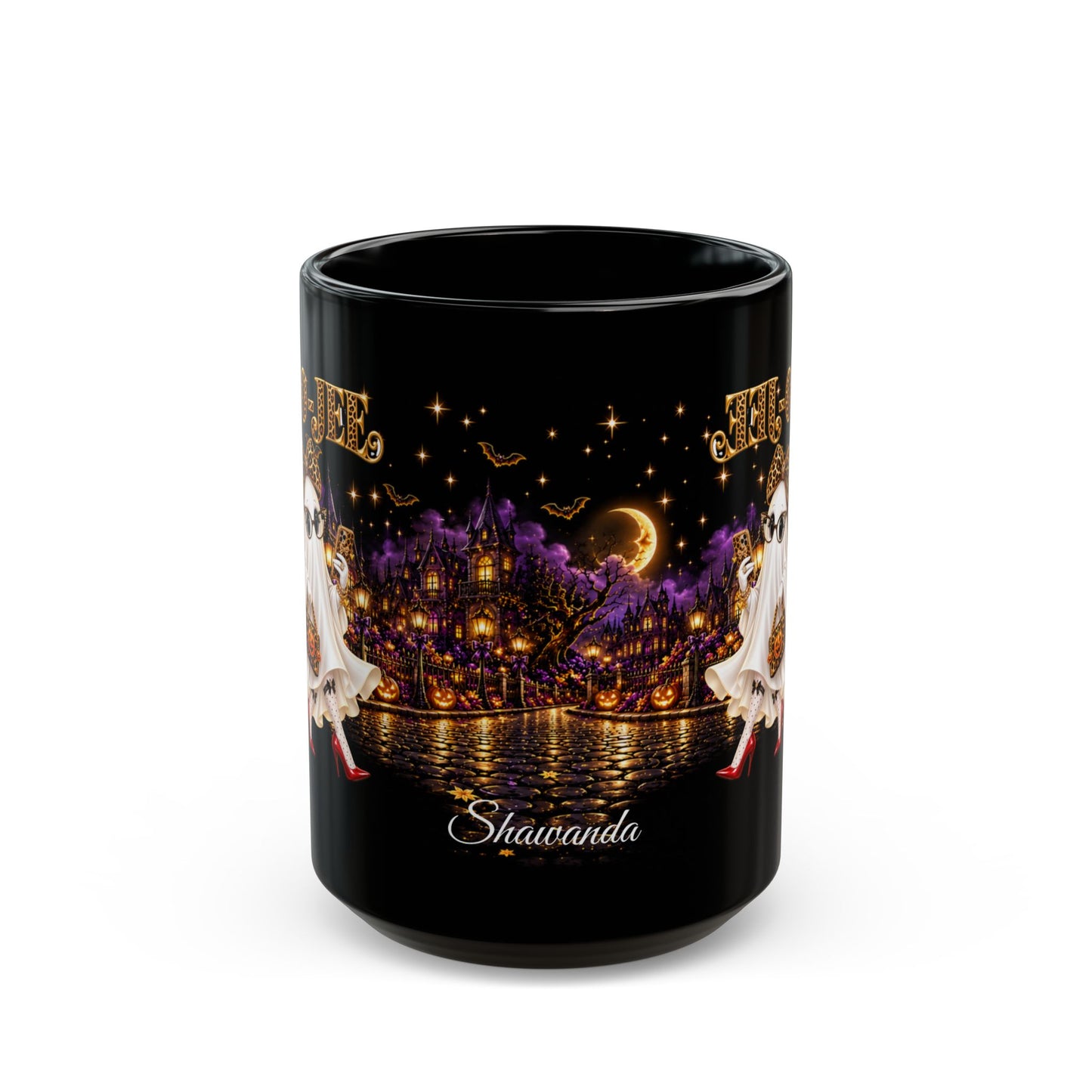 Halloween Ghost Mug — Cute Chic Ghost with Leopard Accessories, Nighttime Haunted Village Coffee Cup