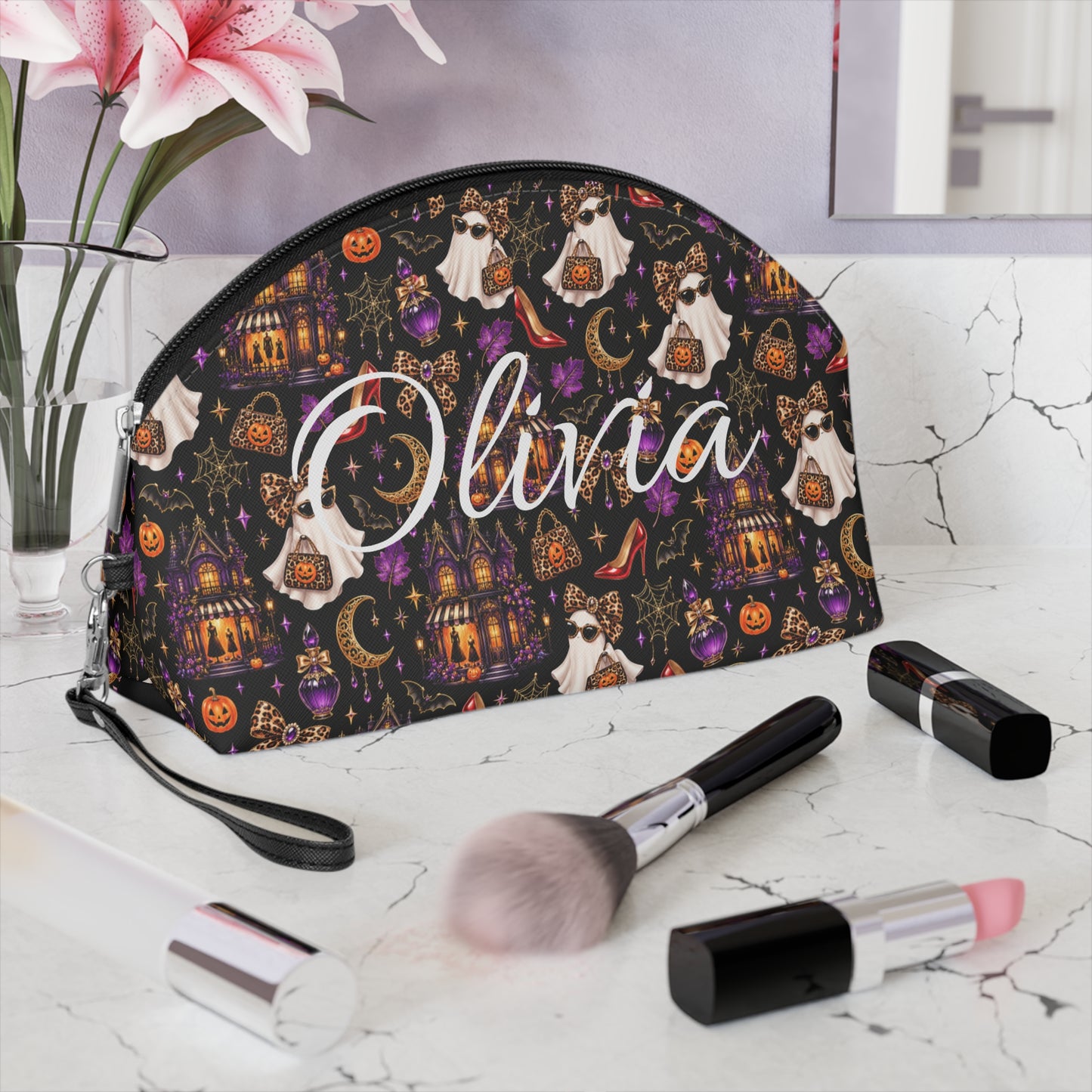 Halloween Ghost Dog Makeup Bag — Spooky Pumpkins & Haunted Mansion Cosmetic Pouch