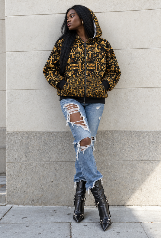 Ankh & Scarab Pattern Zip Hoodie — Egyptian Gold Symbol All-Over Print