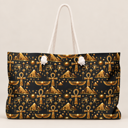 Egyptian Gold Pattern Weekender Bag — Ankh & Pyramid Travel Tote