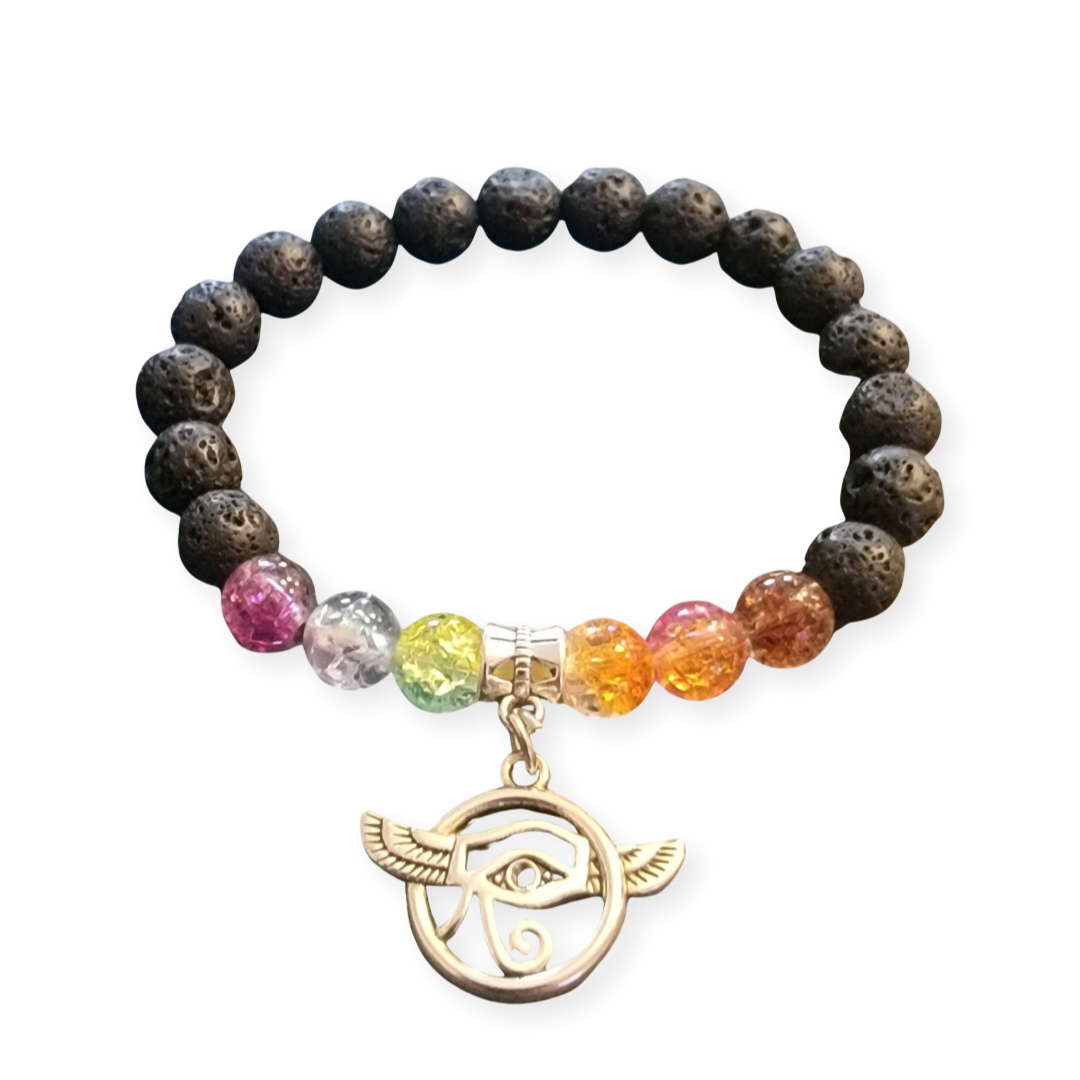 7 Chakra Stone Rainbow Lava Bead Bracelet with Eye of RA